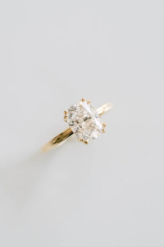 Ben’s Engagement Ring Payment #1 (70%): 18k Yellow Gold, 1.5 Carat Lab Grown Elongated Cushion, Double Claw Prongs, Hidden Pink Diamond, Size 6.5